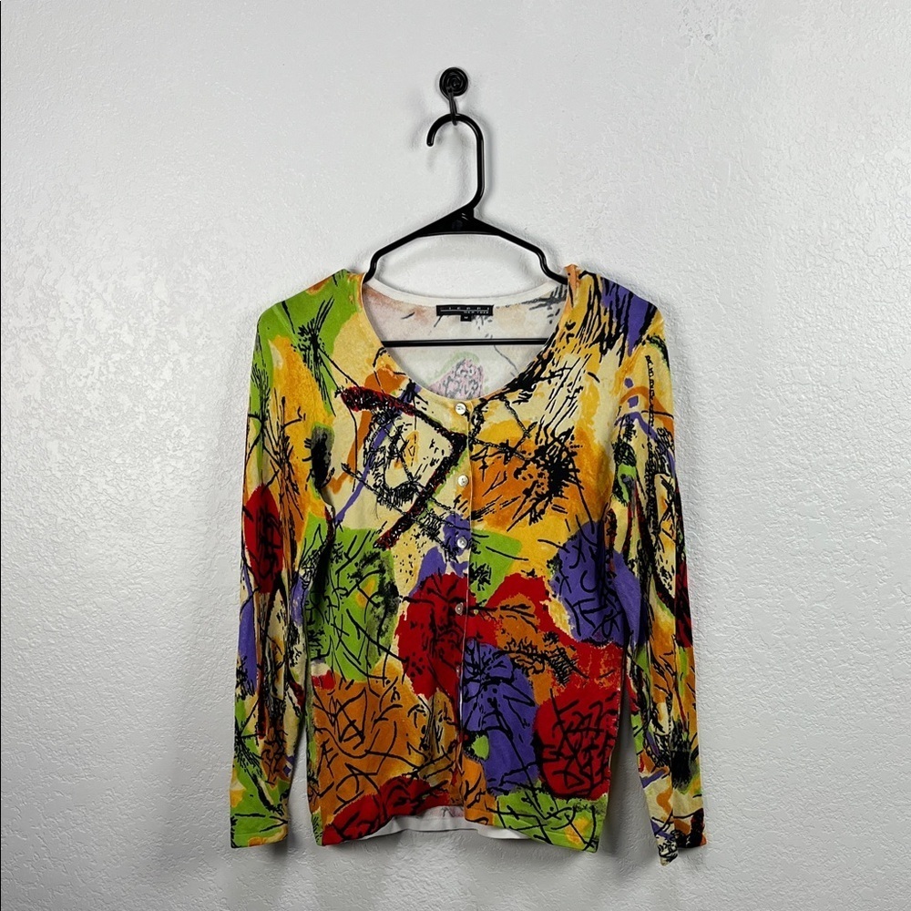Pierri New York Multicolor Abstract Button Down Shirt Beaded accent Sz M TC0780